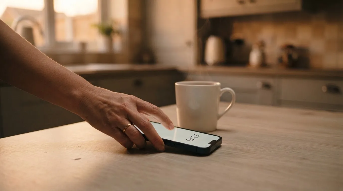 A hand setting a smartphone down beside a cup of tea on a kitchen table on a quiet evening