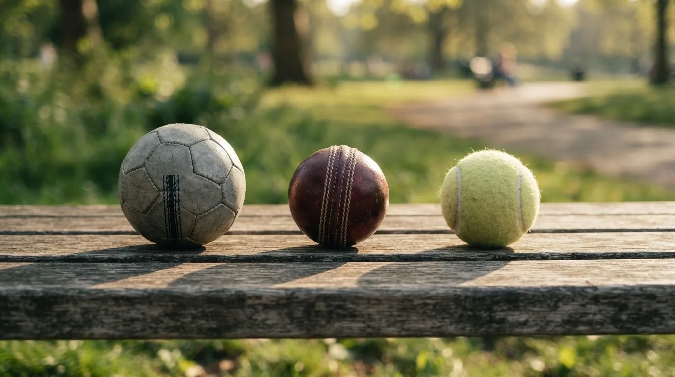 Three balls of different kinds side by side on a wooden bench