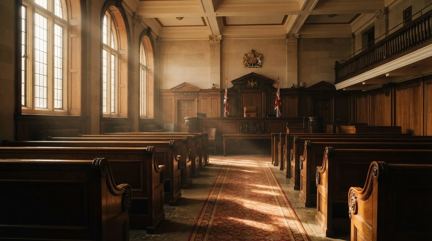 An empty courtroom with wooden benches in morning light