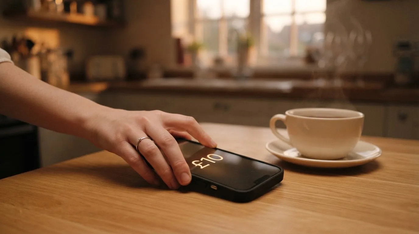 A hand setting a smartphone down beside a cup of tea on a kitchen table on a quiet evening