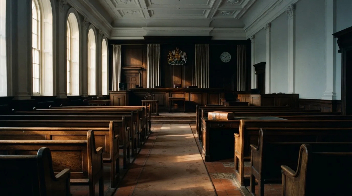 An empty courtroom with wooden benches in morning light