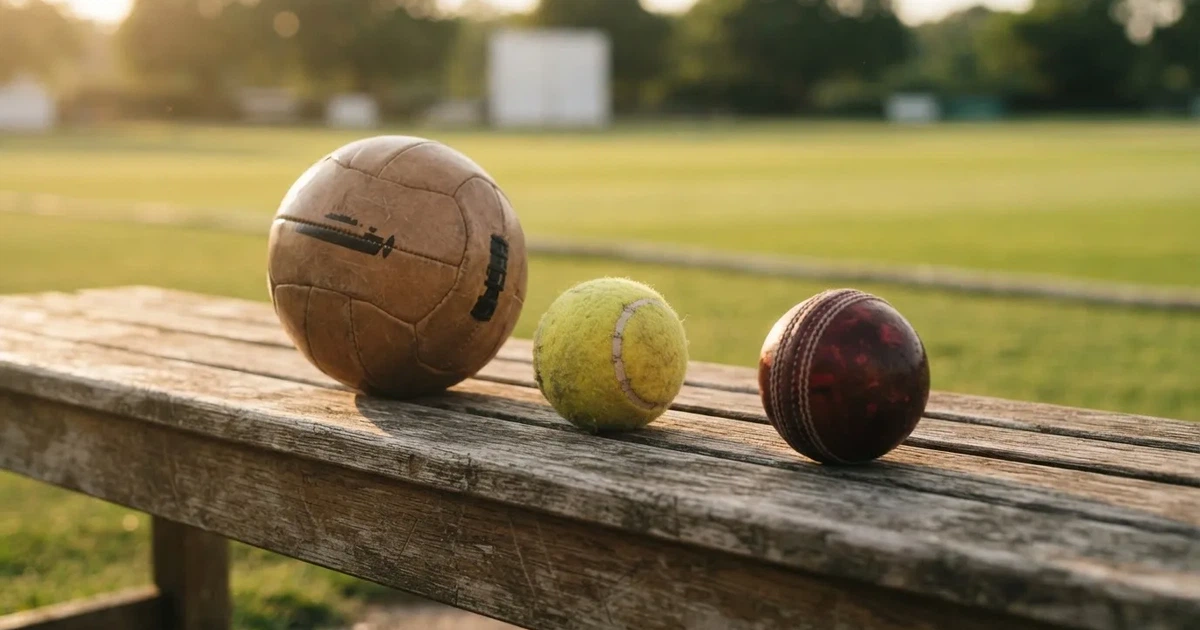 Three balls of different kinds side by side on a wooden bench