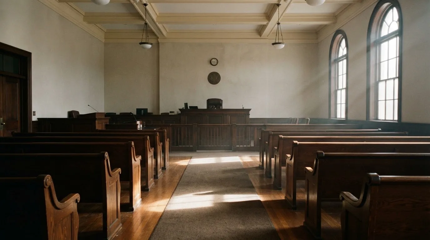 An empty courtroom with wooden benches in morning light