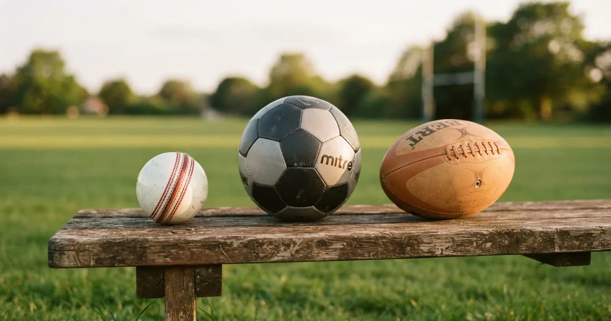 Three balls of different kinds side by side on a wooden bench