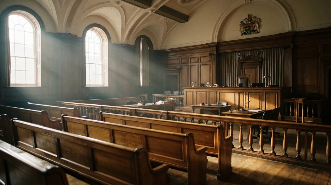 An empty courtroom with wooden benches in morning light