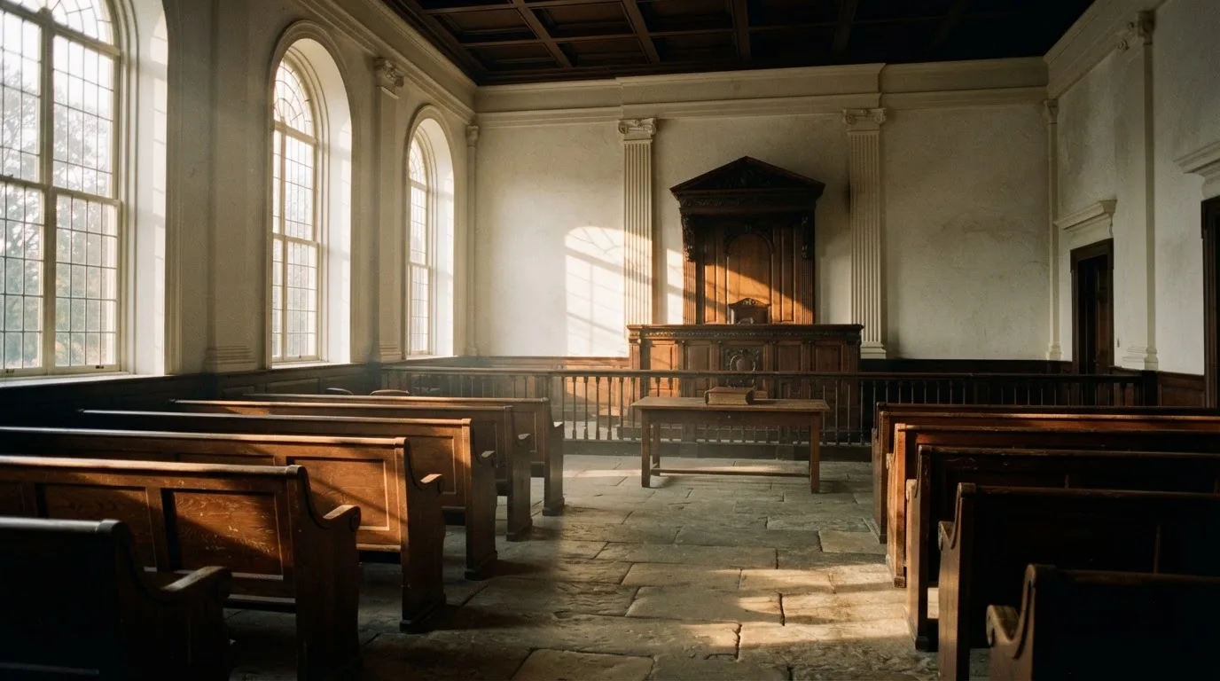 An empty courtroom with wooden benches in morning light