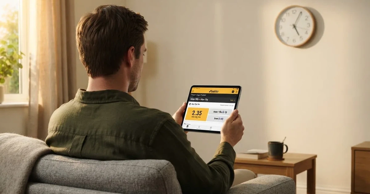 A person on a sofa looking thoughtfully at a tablet, a wall clock in the background
