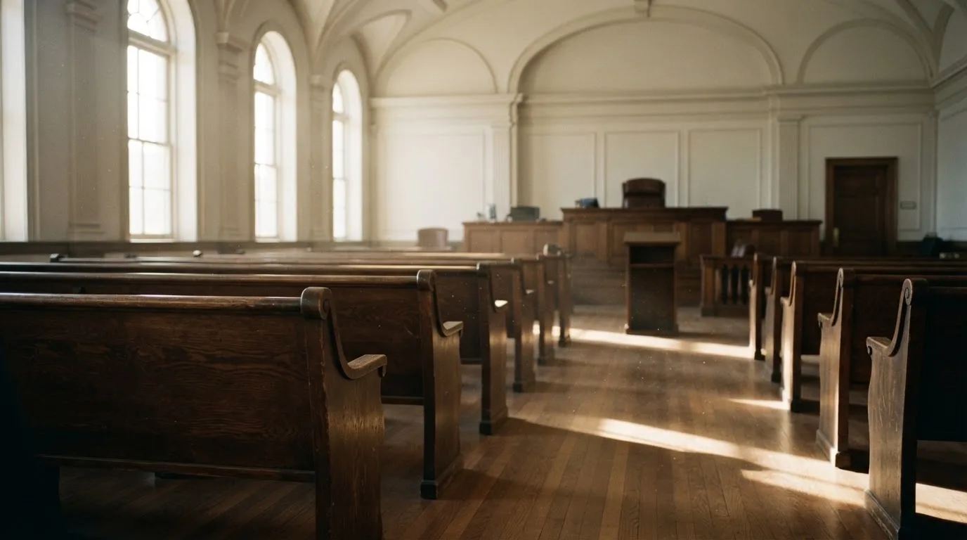 An empty courtroom with wooden benches in morning light