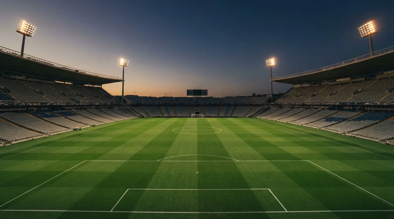 An empty football stadium with floodlight masts at dusk