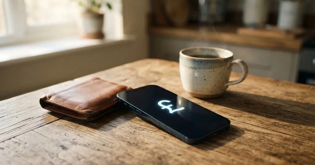 A smartphone on a wooden table beside a wallet and a coffee cup