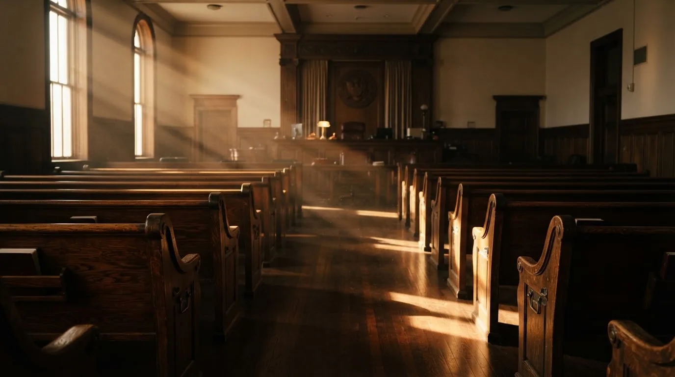 An empty courtroom with wooden benches in morning light