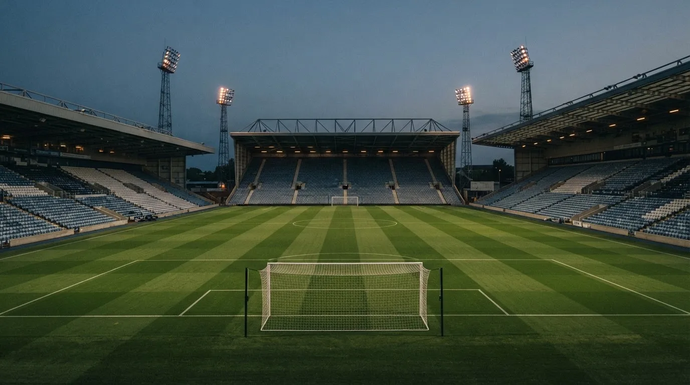 An empty football stadium with floodlight masts at dusk