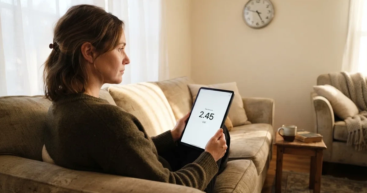 A person on a sofa looking thoughtfully at a tablet, a wall clock in the background