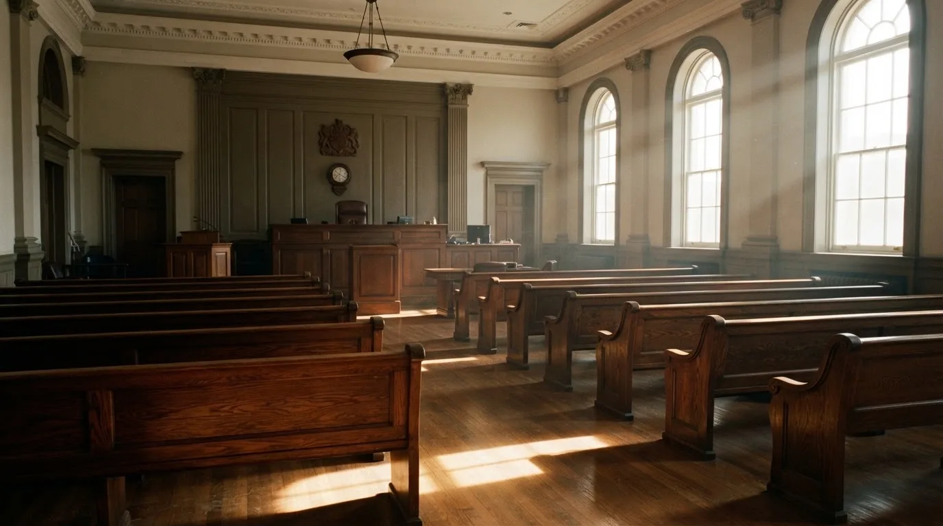 An empty courtroom with wooden benches in morning light