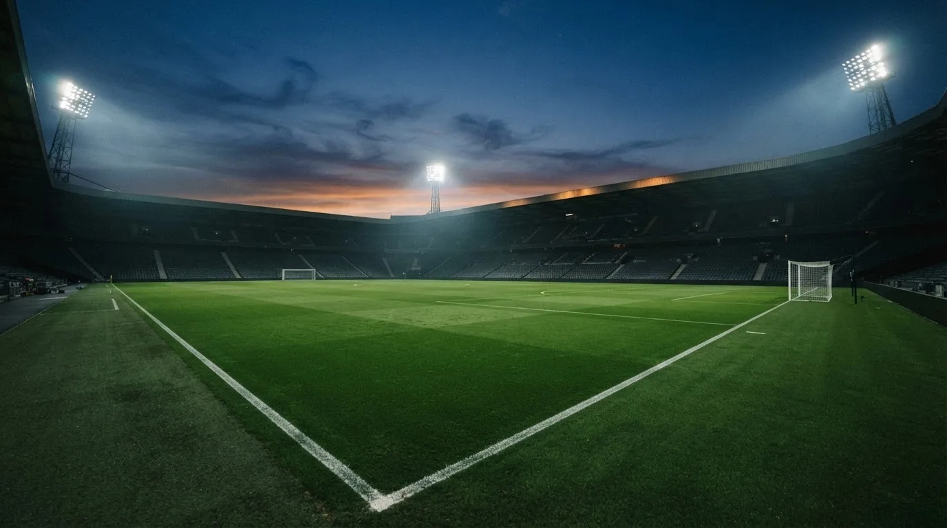 An empty football stadium with floodlight masts at dusk