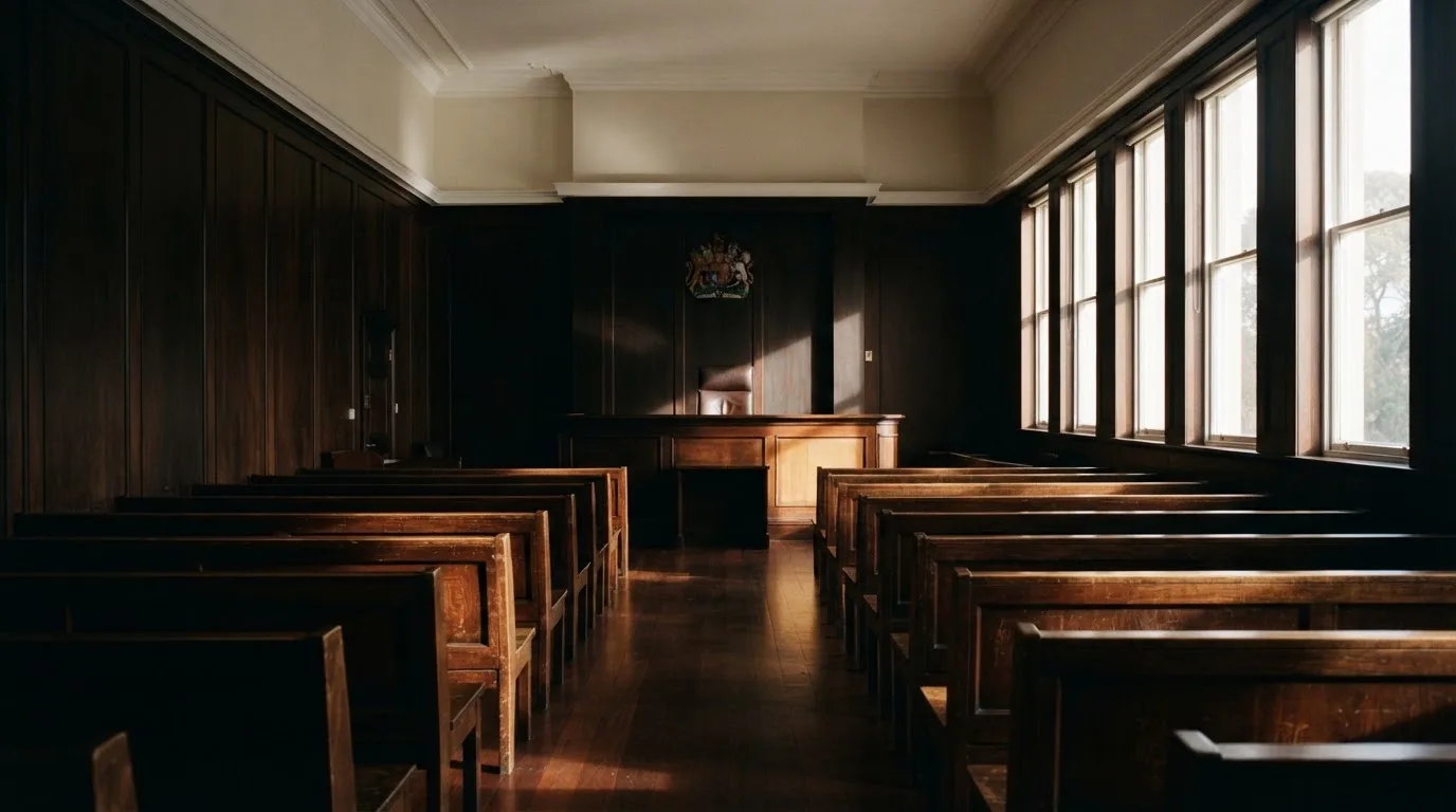 An empty courtroom with wooden benches in morning light