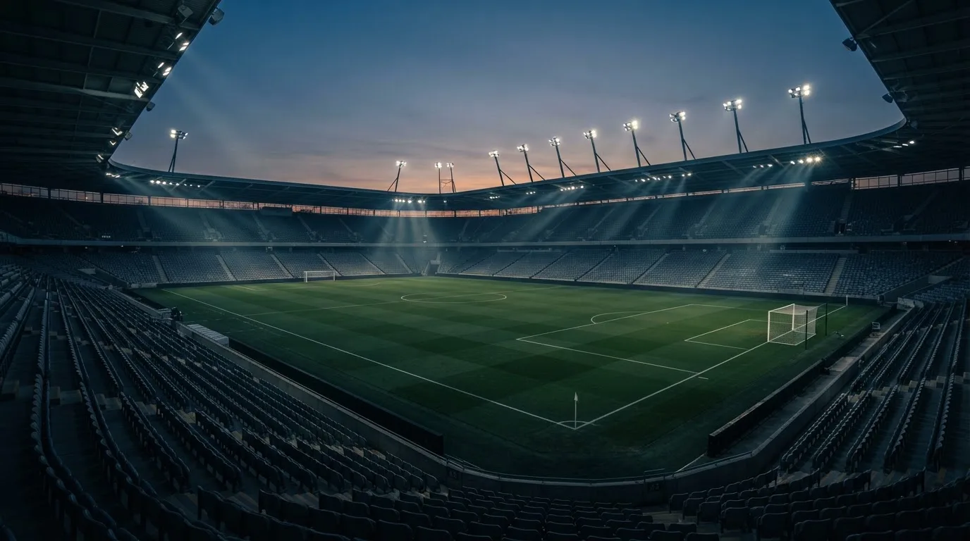 An empty football stadium with floodlight masts at dusk