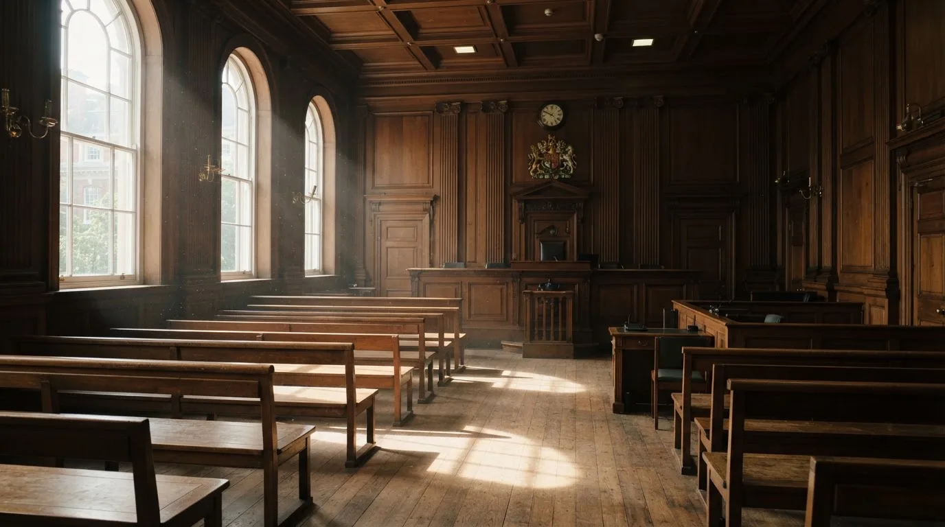 An empty courtroom with wooden benches in morning light