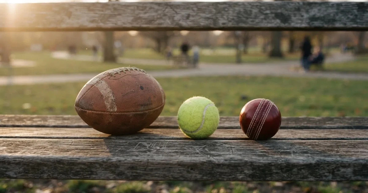 Three balls of different kinds side by side on a wooden bench