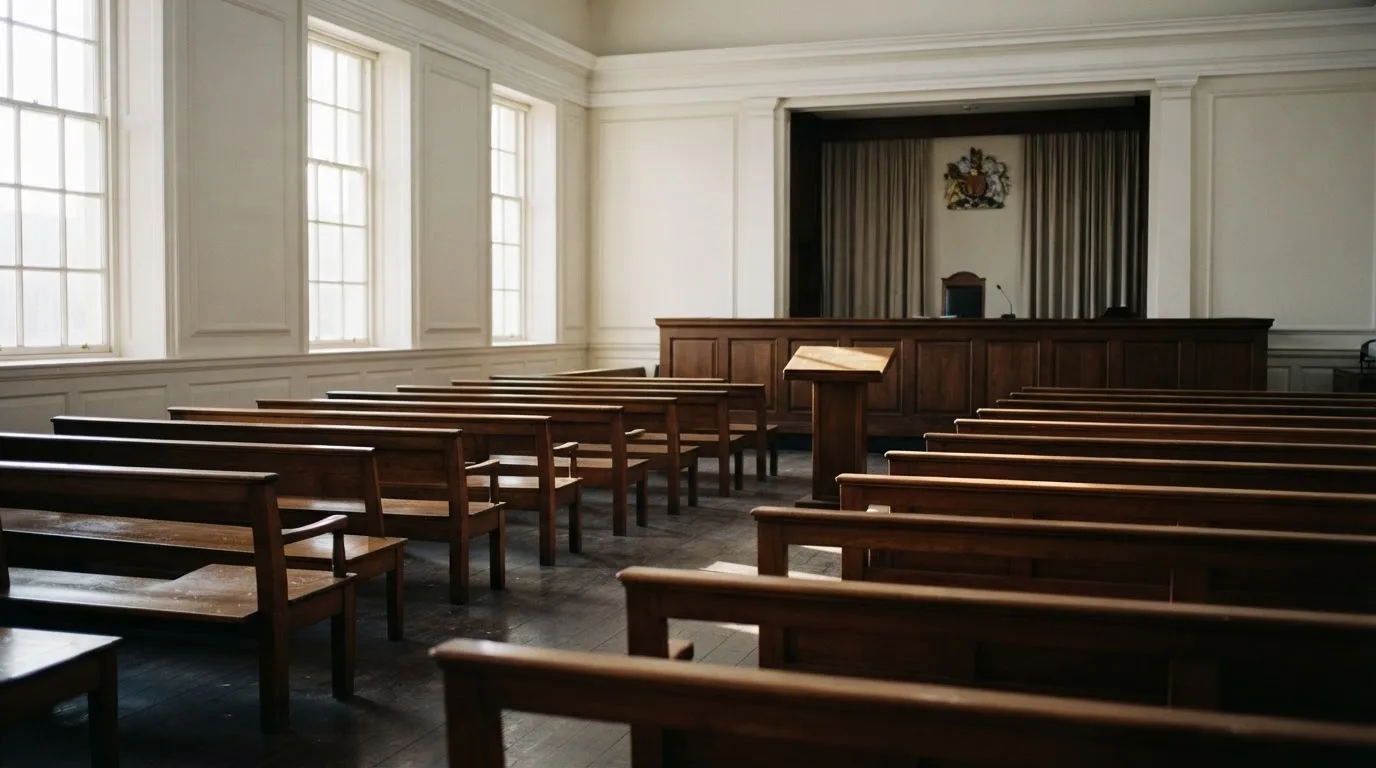 An empty courtroom with wooden benches in morning light