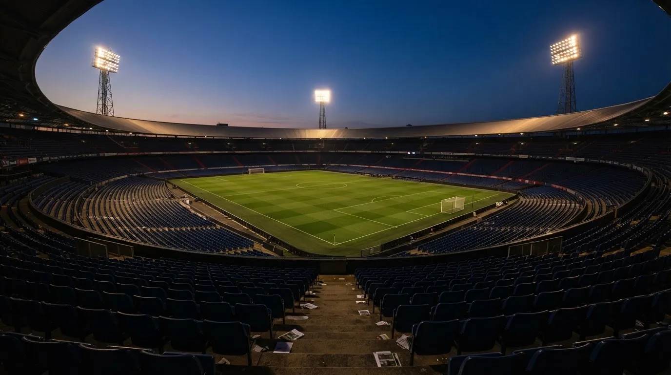 An empty football stadium with floodlight masts at dusk