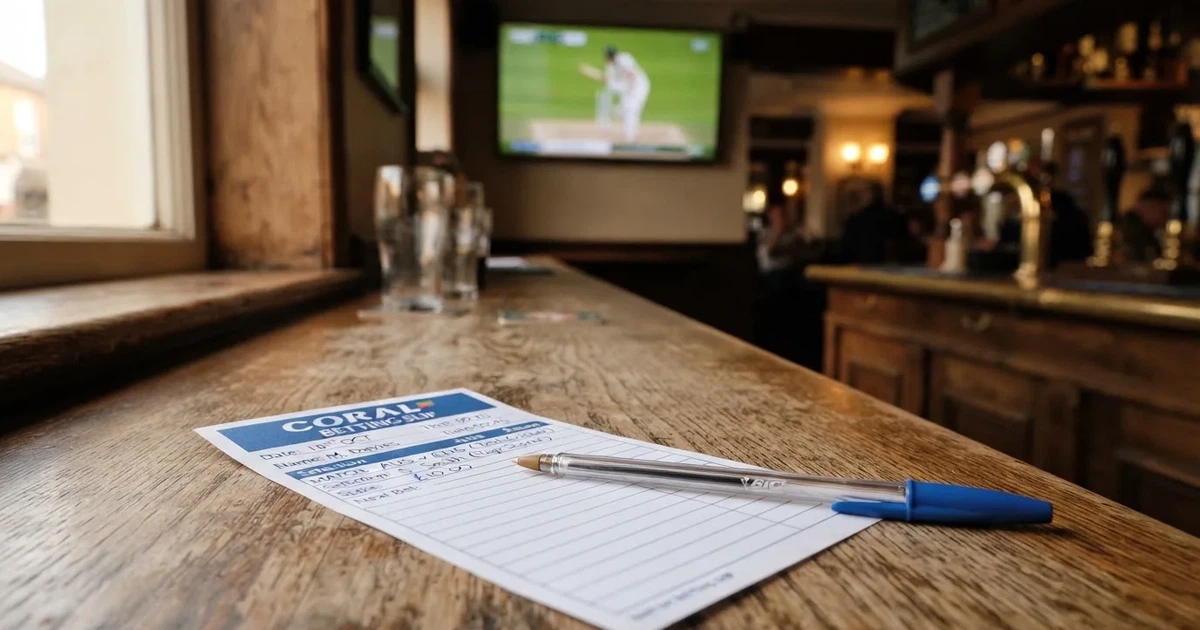 A blank paper betting slip beside a pen on a wooden counter