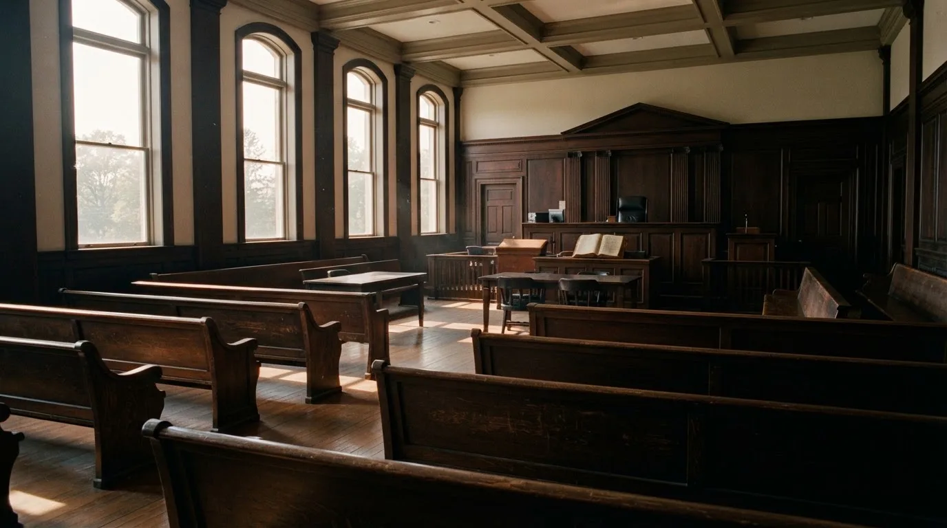 An empty courtroom with wooden benches in morning light