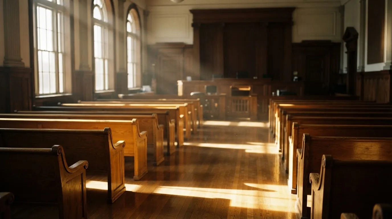An empty courtroom with wooden benches in morning light
