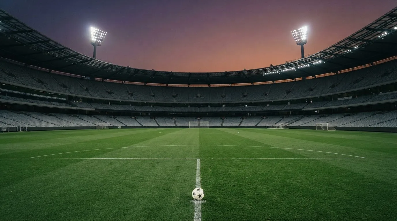 An empty football stadium with floodlight masts at dusk