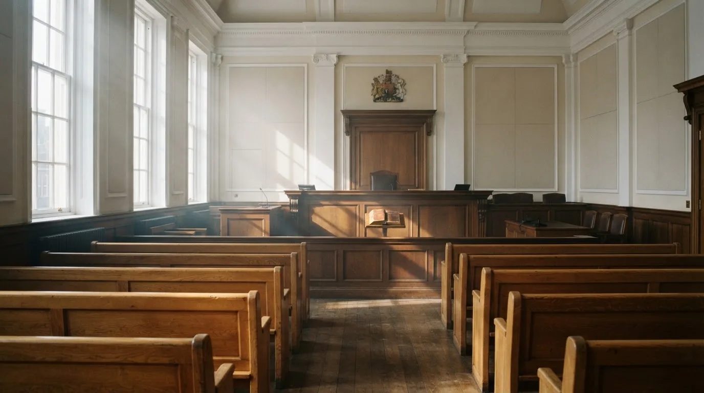 An empty courtroom with wooden benches in morning light