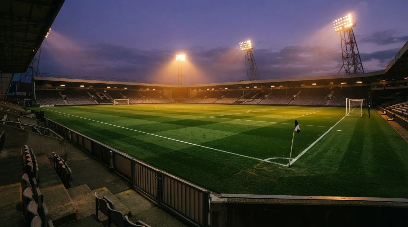 An empty football stadium with floodlight masts at dusk