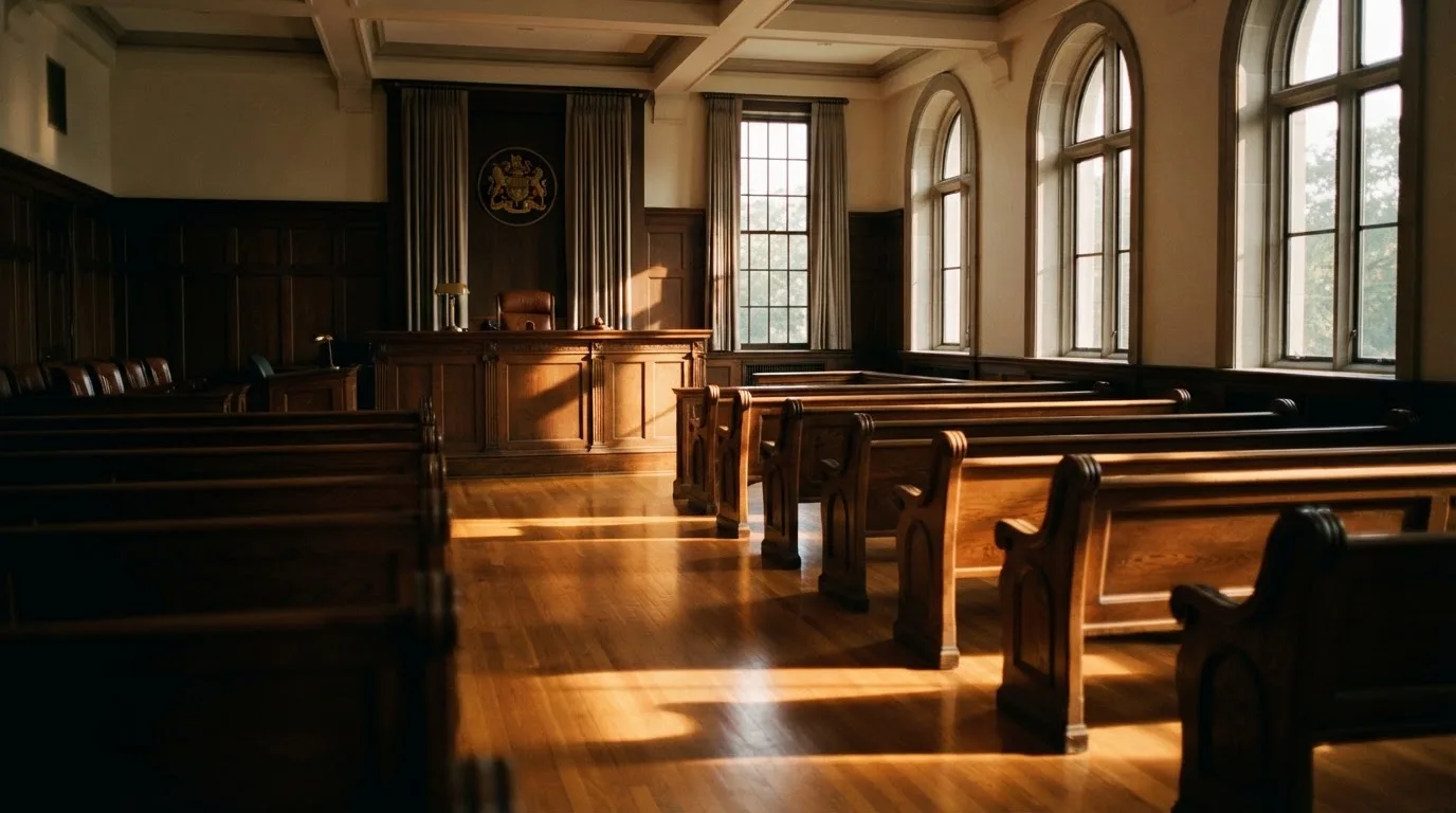 An empty courtroom with wooden benches in morning light