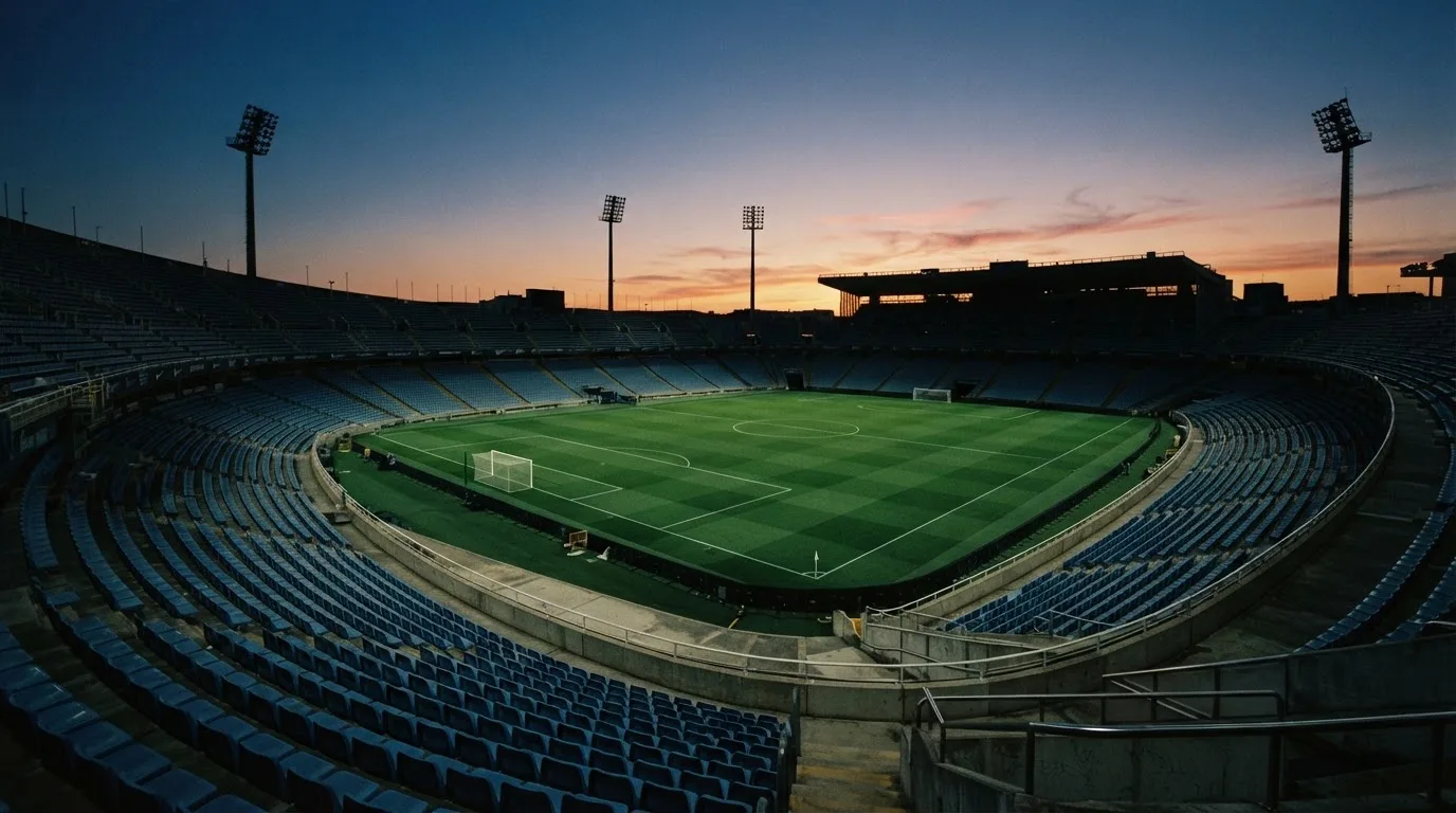 An empty football stadium with floodlight masts at dusk