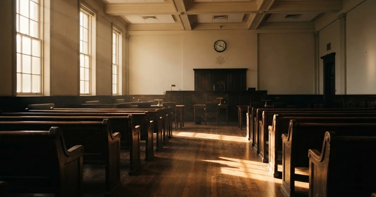An empty courtroom with wooden benches in morning light