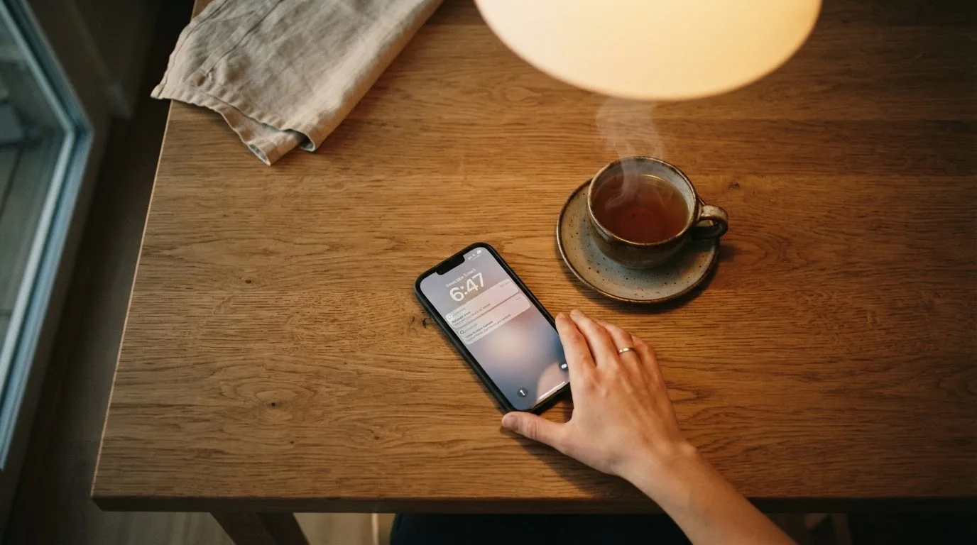 A hand setting a smartphone down beside a cup of tea on a kitchen table on a quiet evening