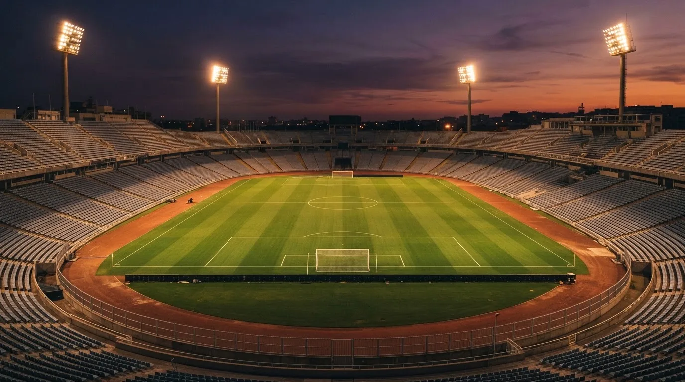 An empty football stadium with floodlight masts at dusk