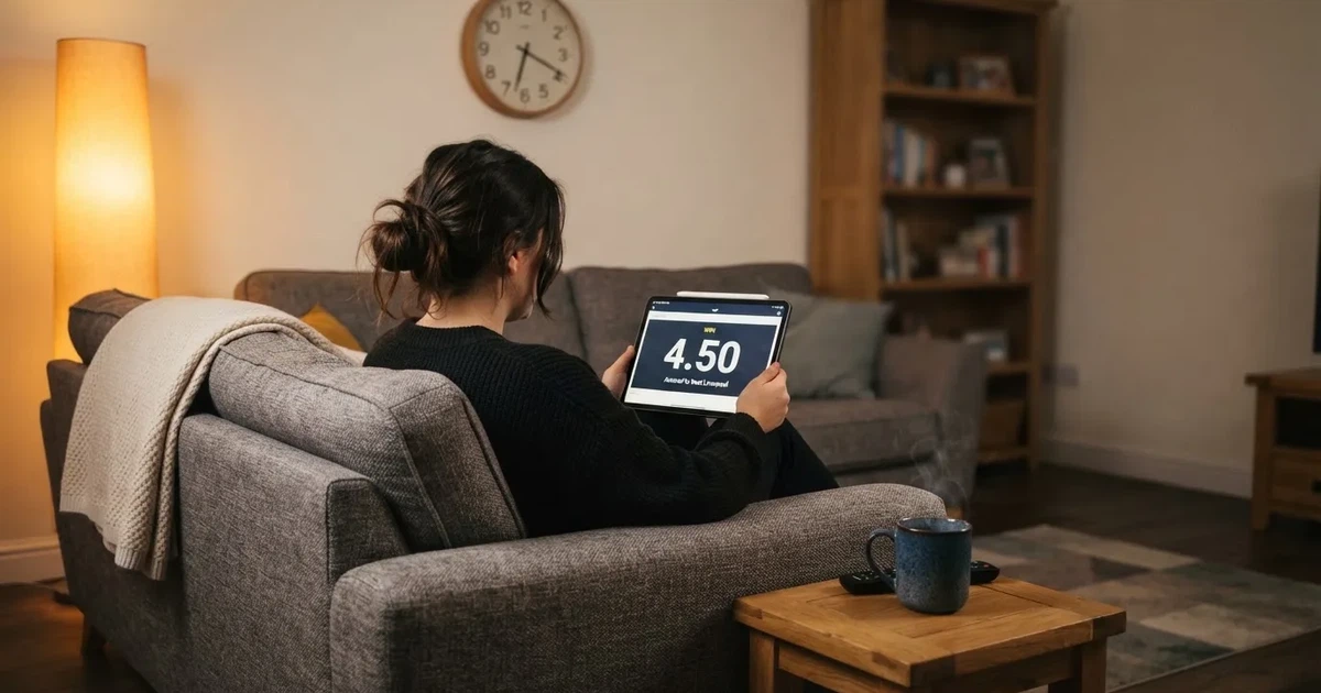 A person on a sofa looking thoughtfully at a tablet, a wall clock in the background