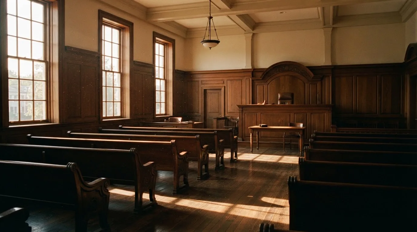 An empty courtroom with wooden benches in morning light