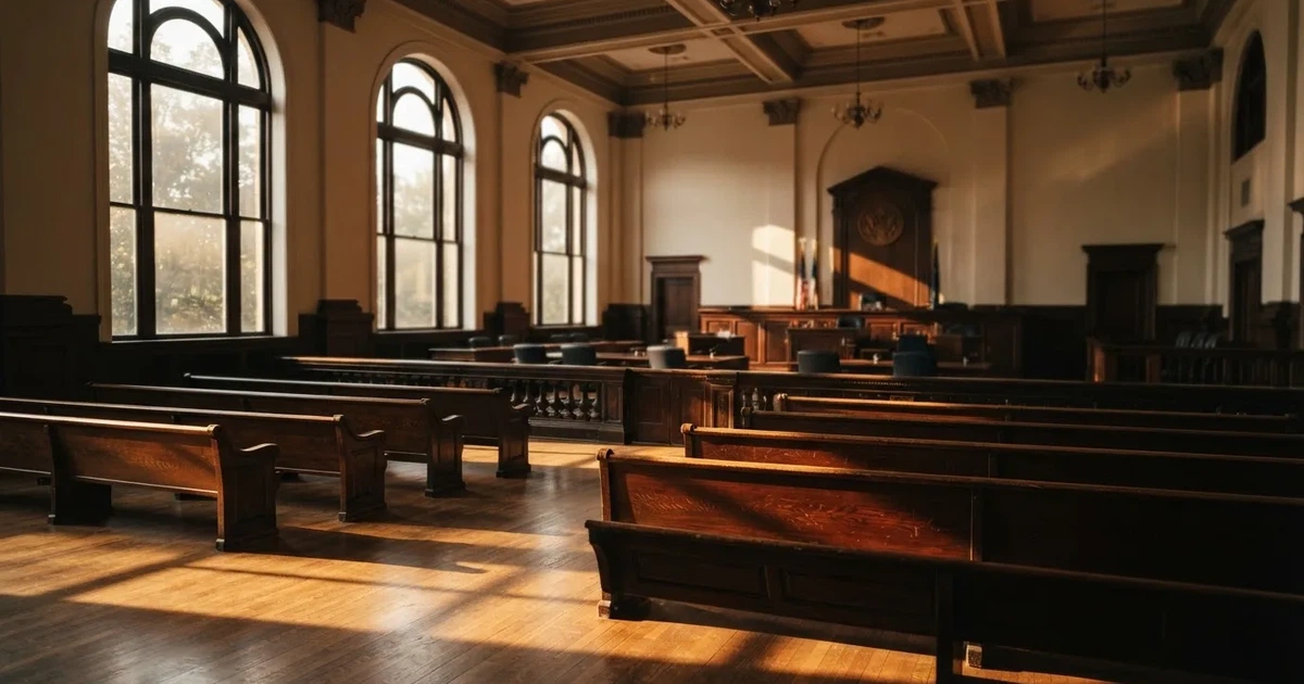 An empty courtroom with wooden benches in morning light