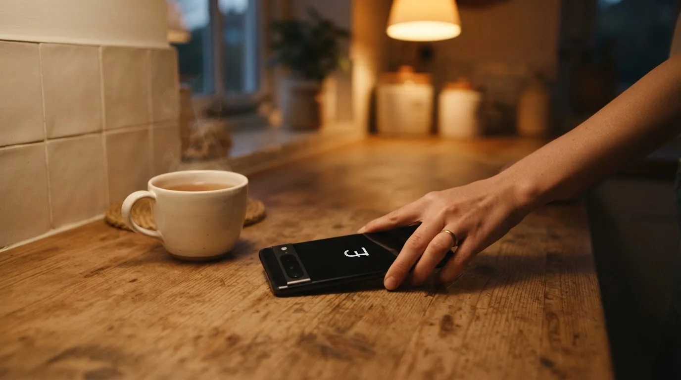 A hand setting a smartphone down beside a cup of tea on a kitchen table on a quiet evening