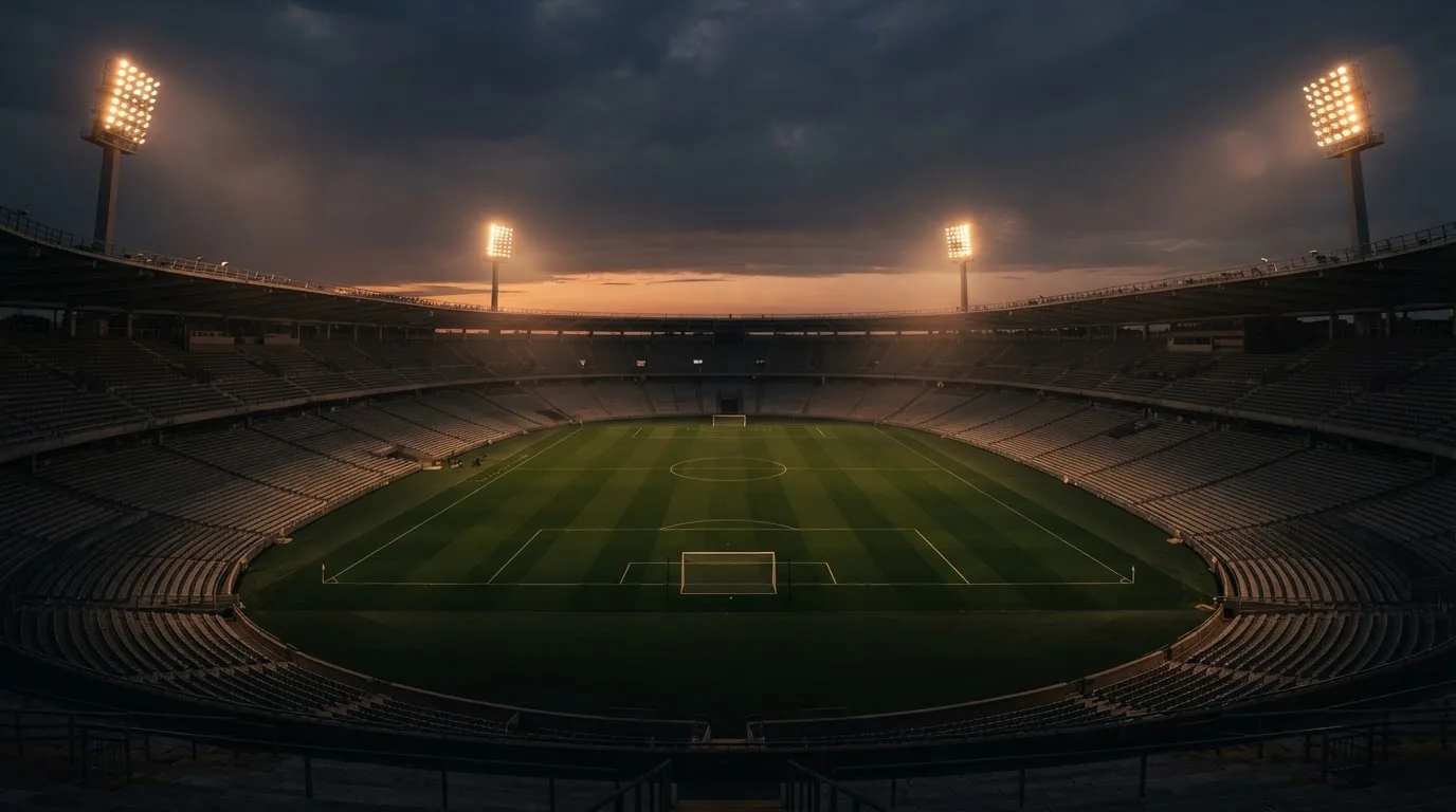 An empty football stadium with floodlight masts at dusk