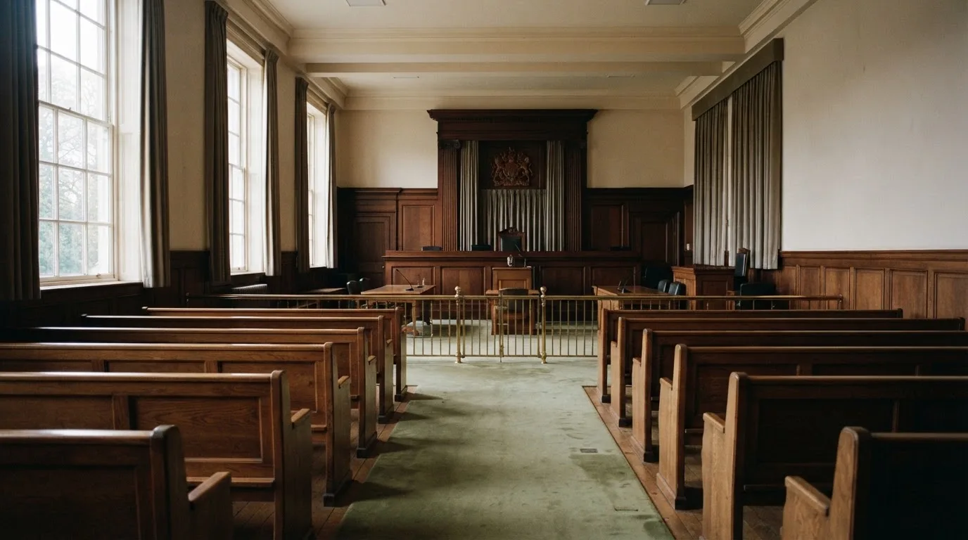 An empty courtroom with wooden benches in morning light