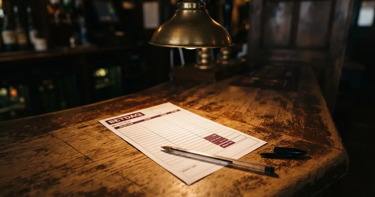 A blank paper betting slip beside a pen on a wooden counter