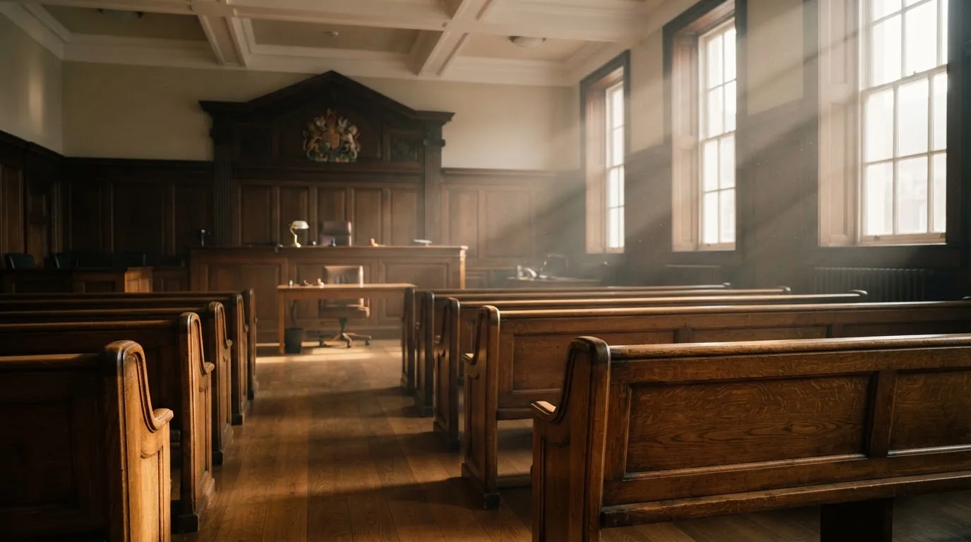 An empty courtroom with wooden benches in morning light