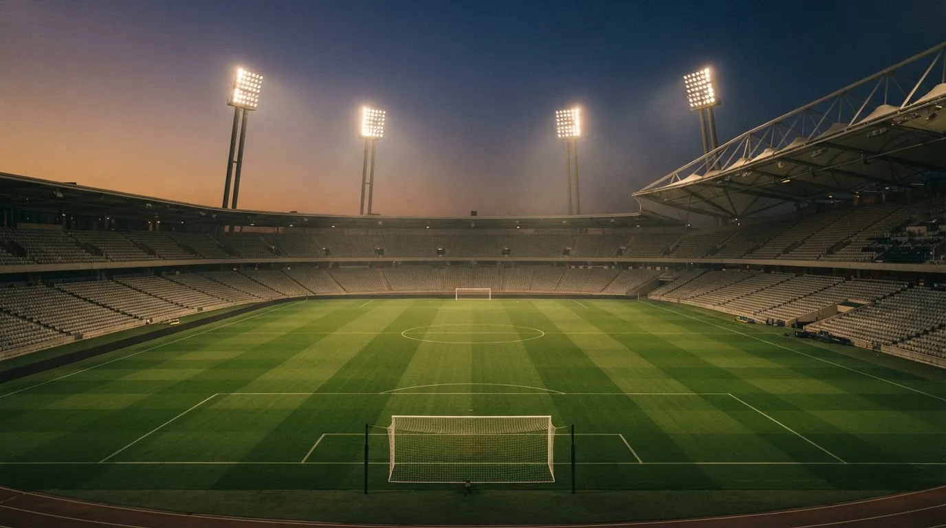 An empty football stadium with floodlight masts at dusk