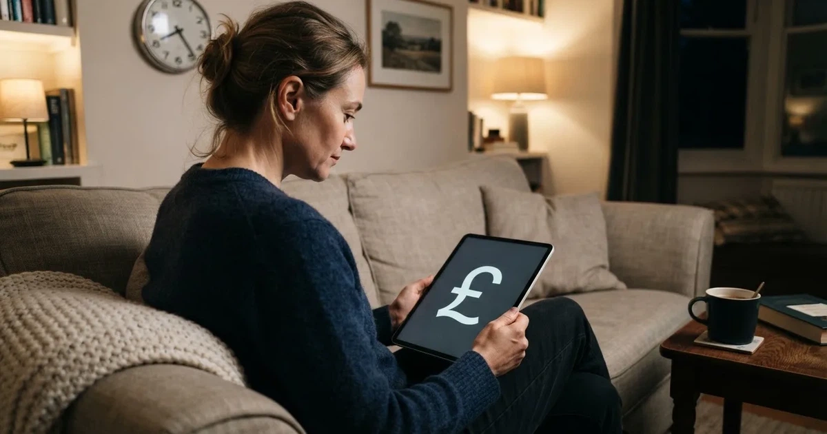 A person on a sofa looking thoughtfully at a tablet, a wall clock in the background