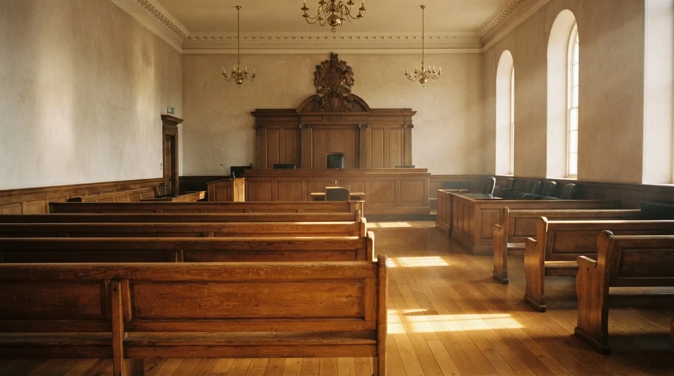 An empty courtroom with wooden benches in morning light