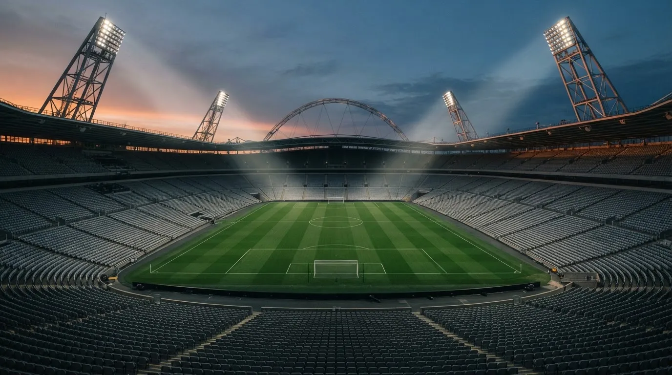 An empty football stadium with floodlight masts at dusk