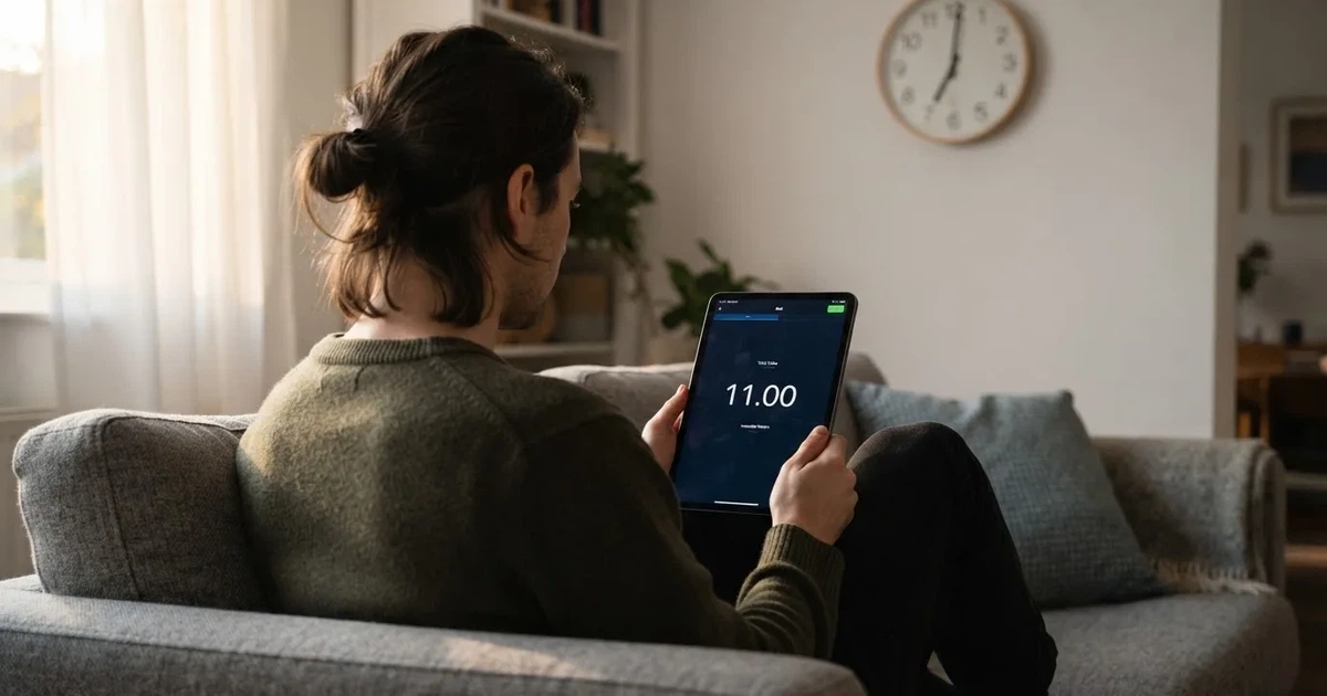A person on a sofa looking thoughtfully at a tablet, a wall clock in the background