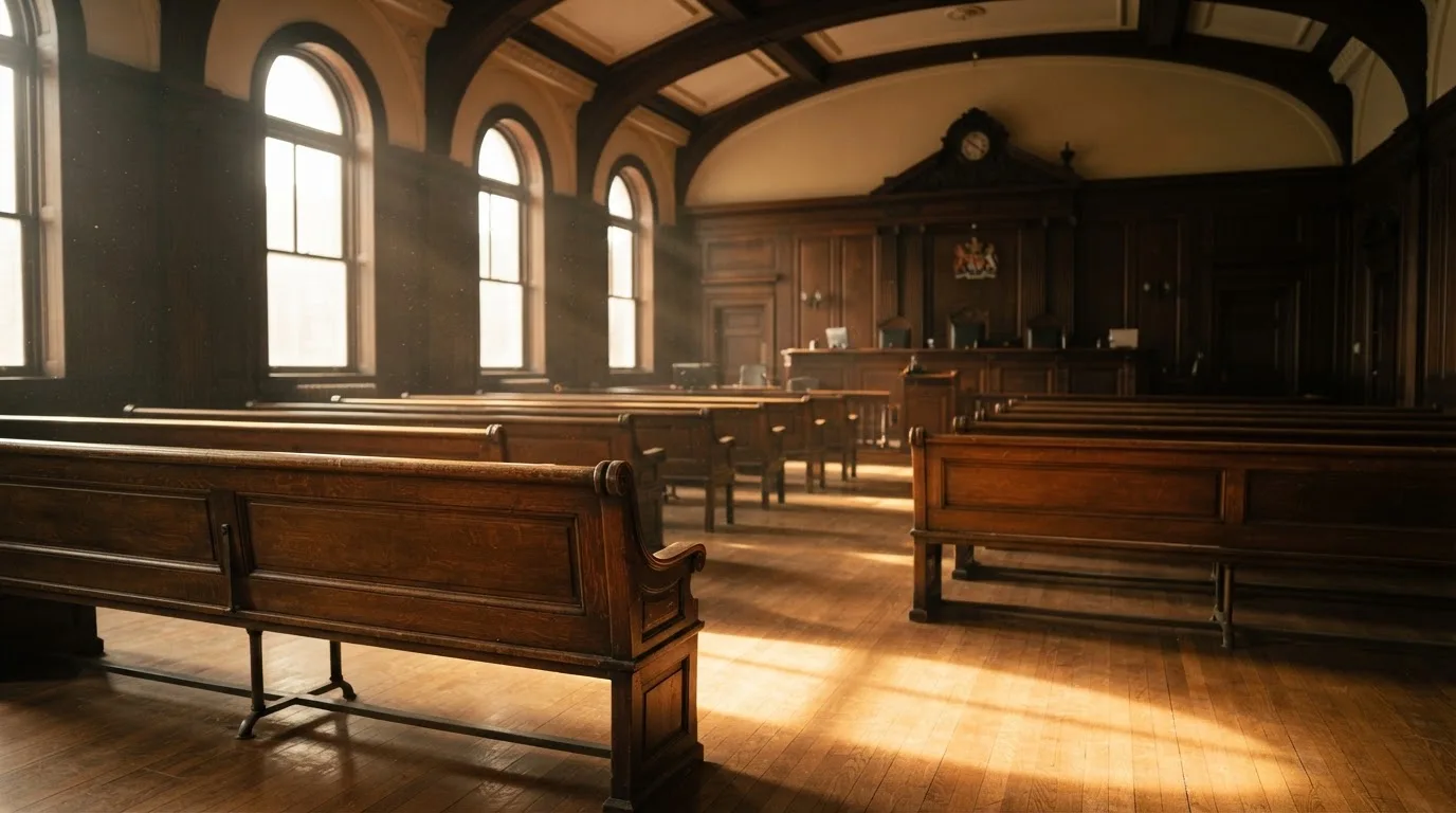 An empty courtroom with wooden benches in morning light